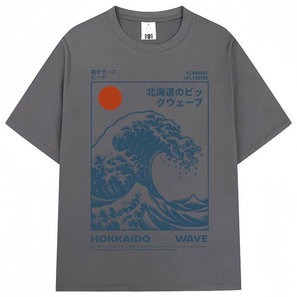 Japanese Style Hokkaido Wave Vintage Tshirt Men Women Harajuku Fashion High Quality T Shirts Oversized Cotton Summer Tee Shirt