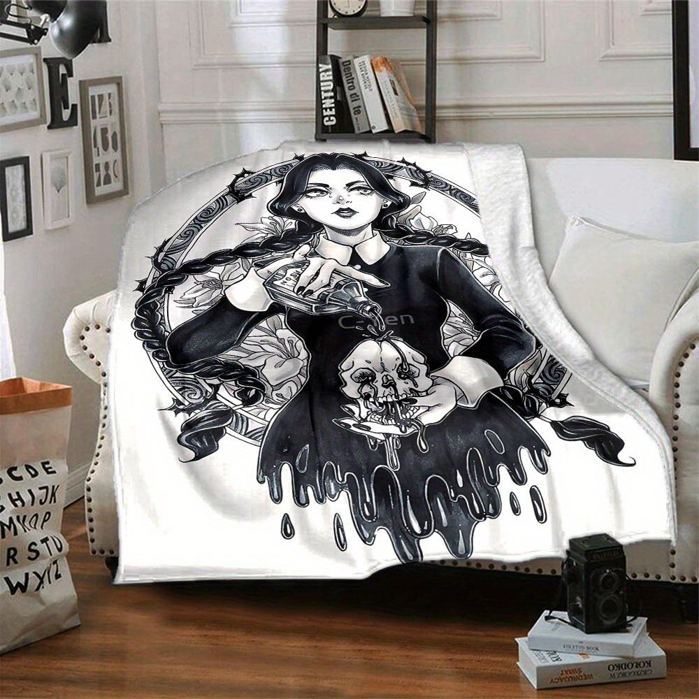 1pc Flannel Blanket, Gothic,Wednesday,Skull Pattern Printed Blanket, Sofa Bed Sofa Car Office Camping Travel Warm And Comfortable Soft Blank
