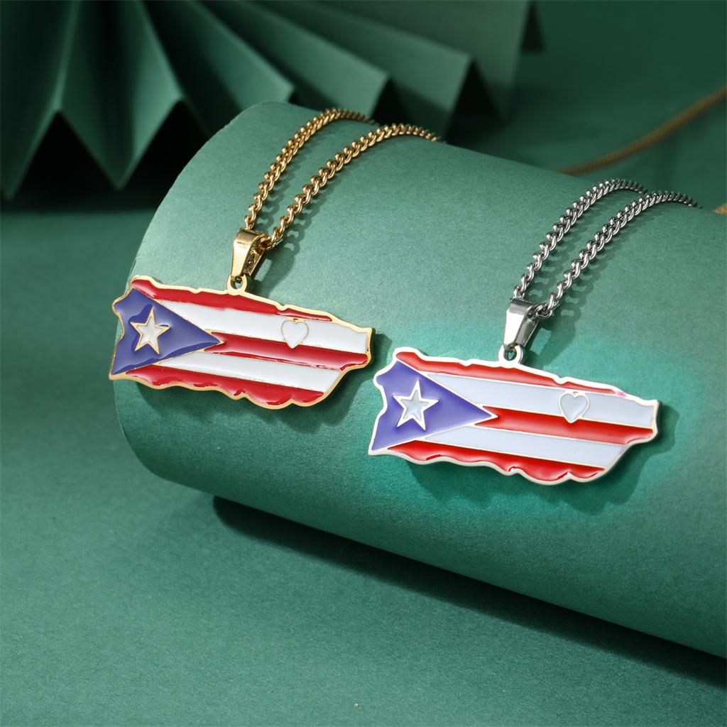 Enamel Puerto Rico Map Flag Pendant Necklaces Stainless Steel Gold/Silver Color Fashion Heart Jewelry For Men Women Gift