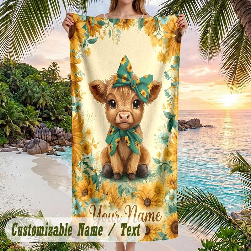 Sunflower Cow Garden 1 Theme Quick Dry Beach Towel Custom Name Text Print Large Sand Resistant Towel Beach Vacation