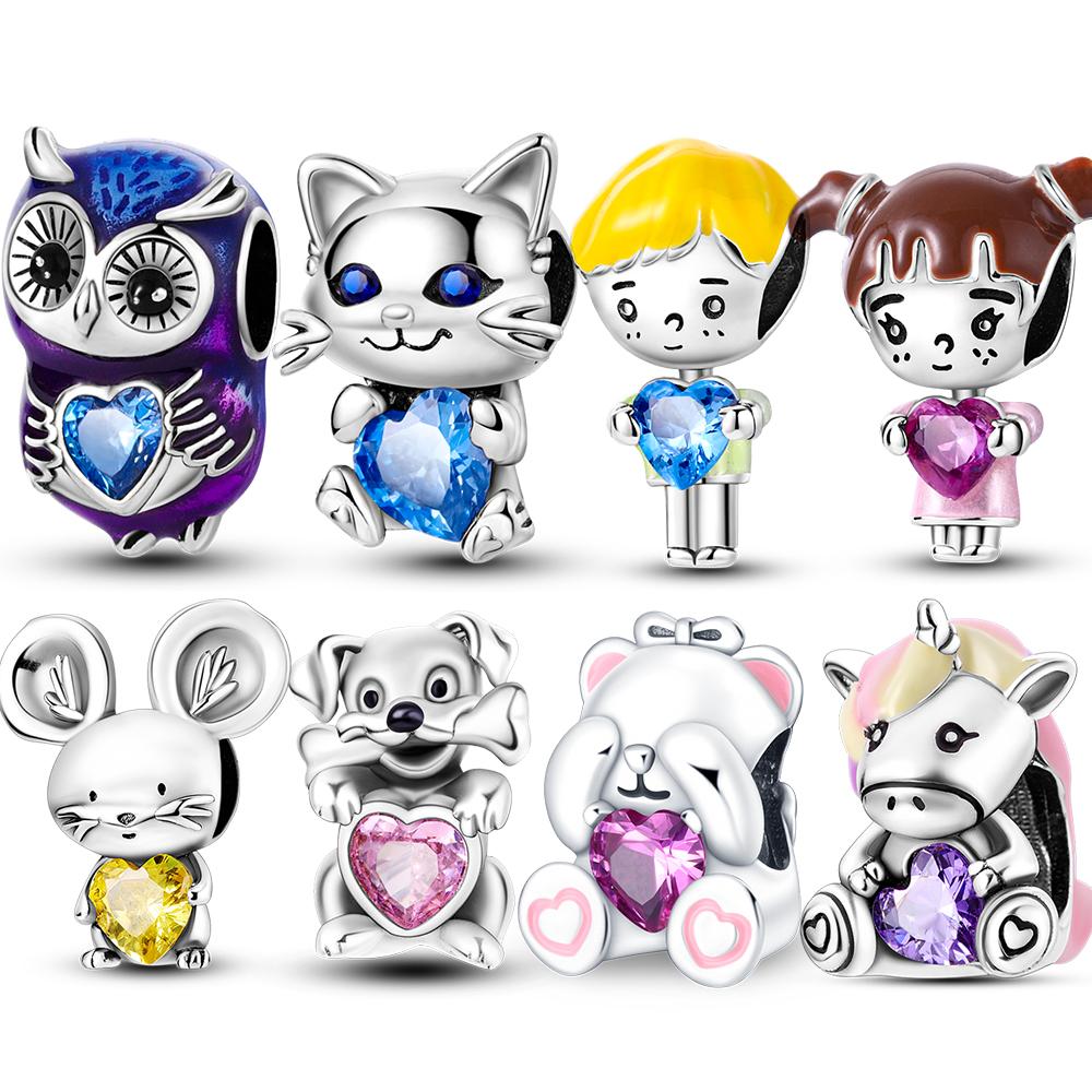 Новый Стерлингового Серебра 925 Животные Обнимают Кристалл Любовь Подвески Бусины Подходит Оригинальный Браслет Ожерелье Для Женщин Подарочные Ювелирные Изделия 