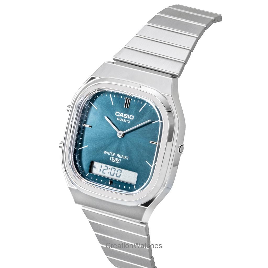 Casio Винтажные аналогово-цифровые часы из нержавеющей стали с небесно-голубым циферблатом, кварцевые, унисекс, AQ-240E-3A