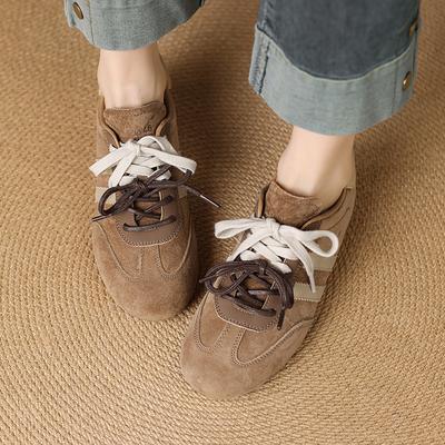 Модные женские кроссовки 2025 Новые Натуральная кожа Женские Туфли для моральной подготовки Повседневные Весенние Туфли на плоской подошве Женские На шнуровке С круглым носком Туфли-лодочки