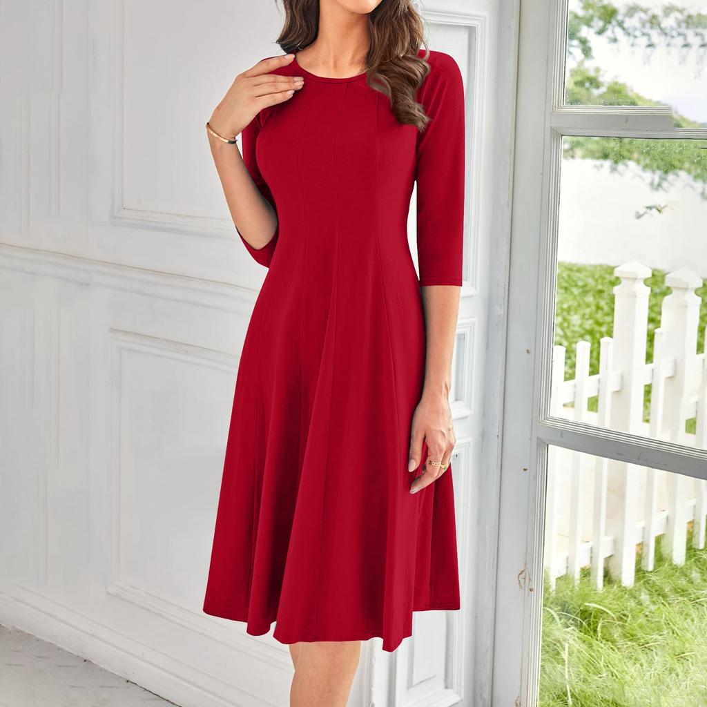 Women's Casual Fashion Round Neck Three Quarter Sleeve Solid Color Midi Dress