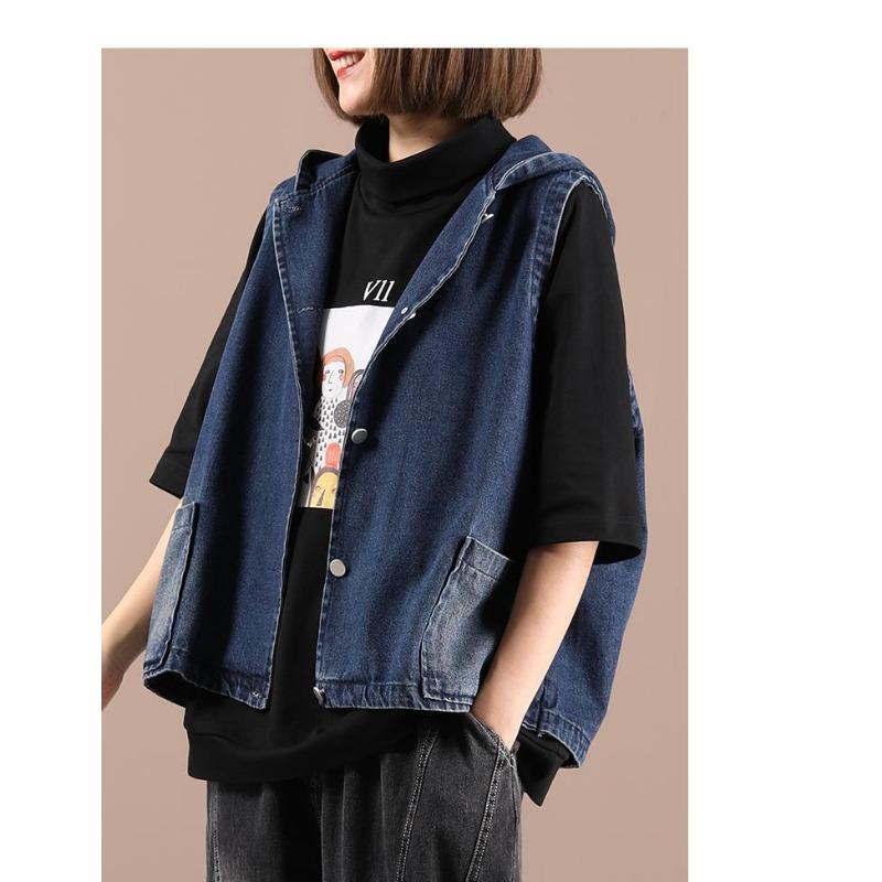 Printed Hooded Denim Vest Women's Loose Oversized Jacket Loose Casual Short Top New Fashion Autumn