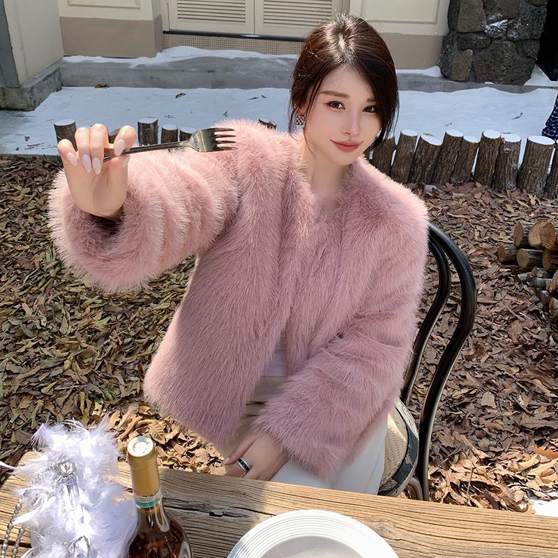 Осенне-зимние теплые пальто из лисьего меха с длинным рукавом, женские винтажные элегантные свободные куртки с круглым вырезом, женские однотонные повседневные женские куртки верхней одежды 25519