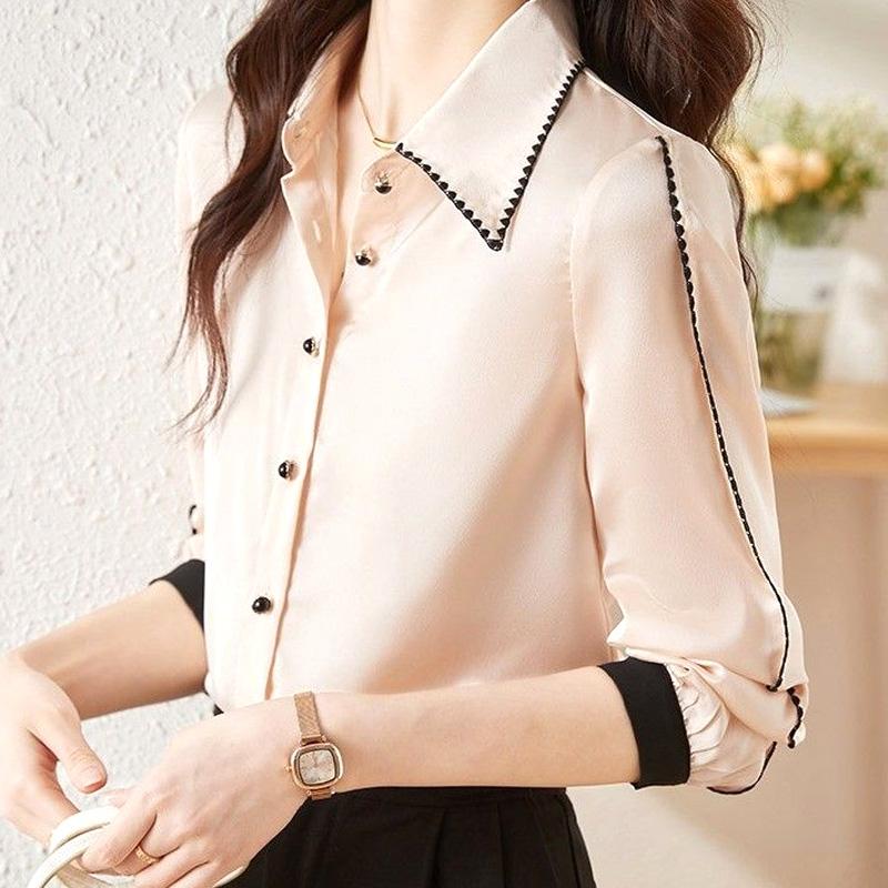 Blouses Premium  Autumn Winter Straight Korean Thin Striped Button Women's Clothing Turn-down Collar Temperament Dignified