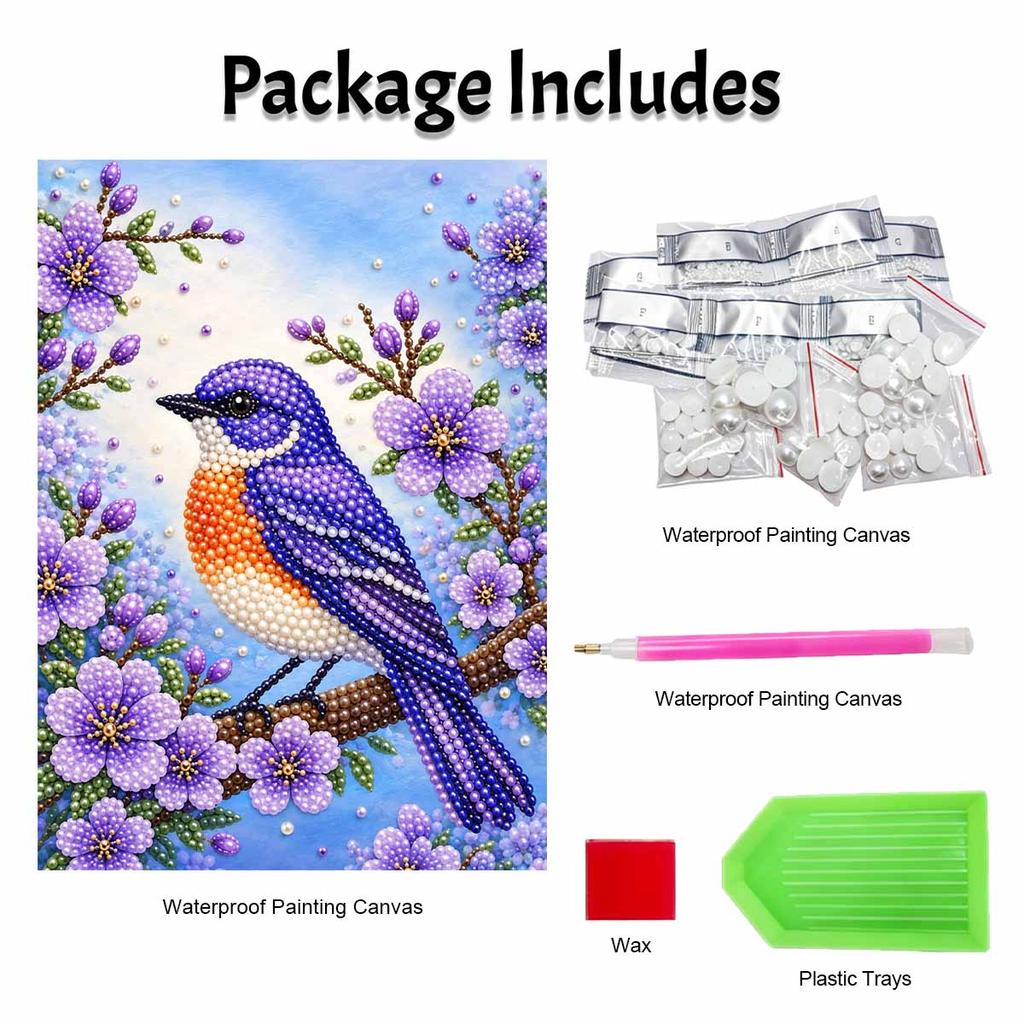 DIY Pearl and Diamond Painting Kit Blue Bird and Purple Flowers. suitable for beginners. home wall decoration. handmade gift.