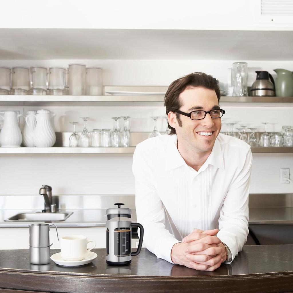 Easyworkz Френч-пресс из нержавеющей стали, термостойкое стекло, мягкая ручка, 1000 мл, серебристый (8 чашек)