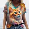 Women's V-Neck Short Sleeve T-Shirts Animals Printed Summer Clothing Cute Cartoon Cat Woman Tshirts Streetwear Tops
