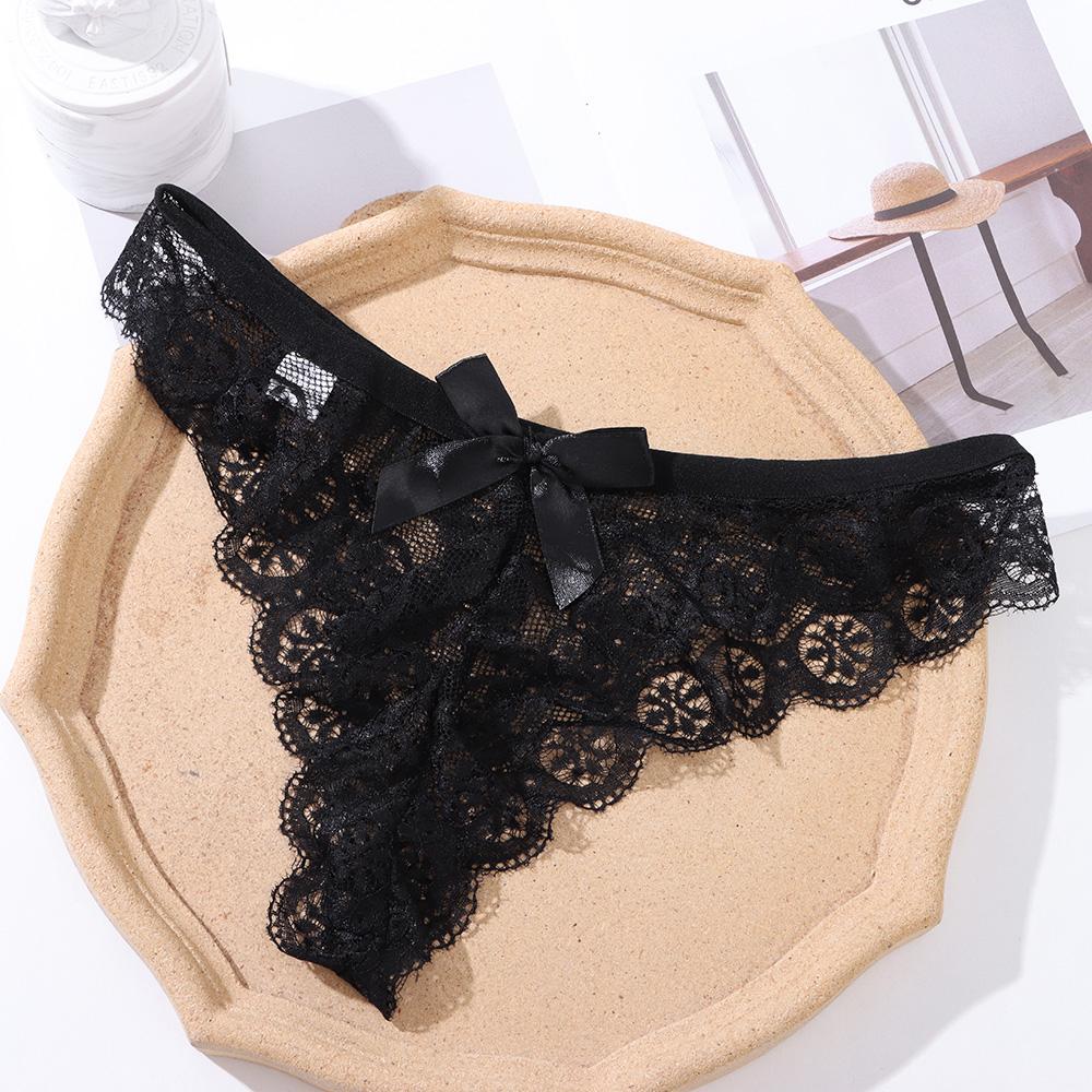 1PC Women Thong Sexy Panties Hollow Bow Panties Lace Flowers G String Ladies Breathable Transparent Black And White Briefs