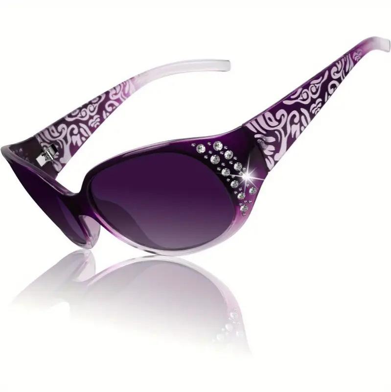 Trendy Sunglasses for Women - Fashionable Rhinestone-Embellished Cat-Eye Glasses with Purple Floral Design, Lightweight &Durable