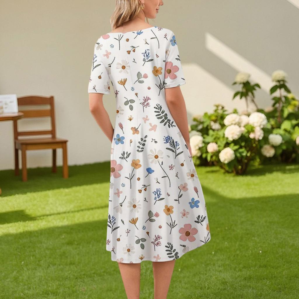 Женское повседневное модное платье миди с круглым вырезом и коротким рукавом с цветочным принтом