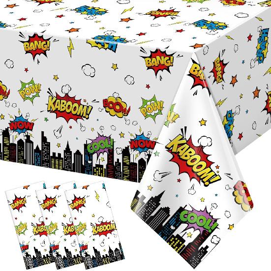 3Pcs Hero Themed Birthday Party Tablecloths Decorations,White Cityscape Super Bang Plastic Table Cover Disposable Rectangle Table Cloth for Baby
