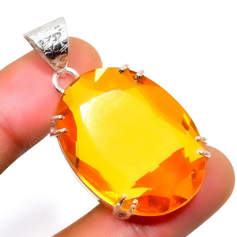 Citrine Gemstone 925 Silver Plated Handmade Jewelry Pendant 1.70"