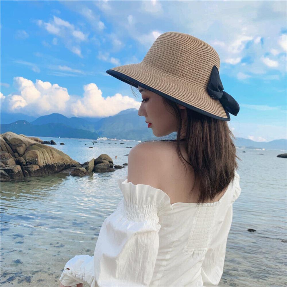 Women Summer Floppy Beach Straw Hat Wide Brim Foldable Cap Sun Hat