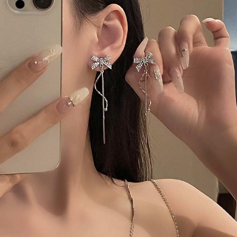 Серебряные серьги с кисточками и бантом, серьги-клипсы с кристаллами для женщин, ювелирные аксессуары