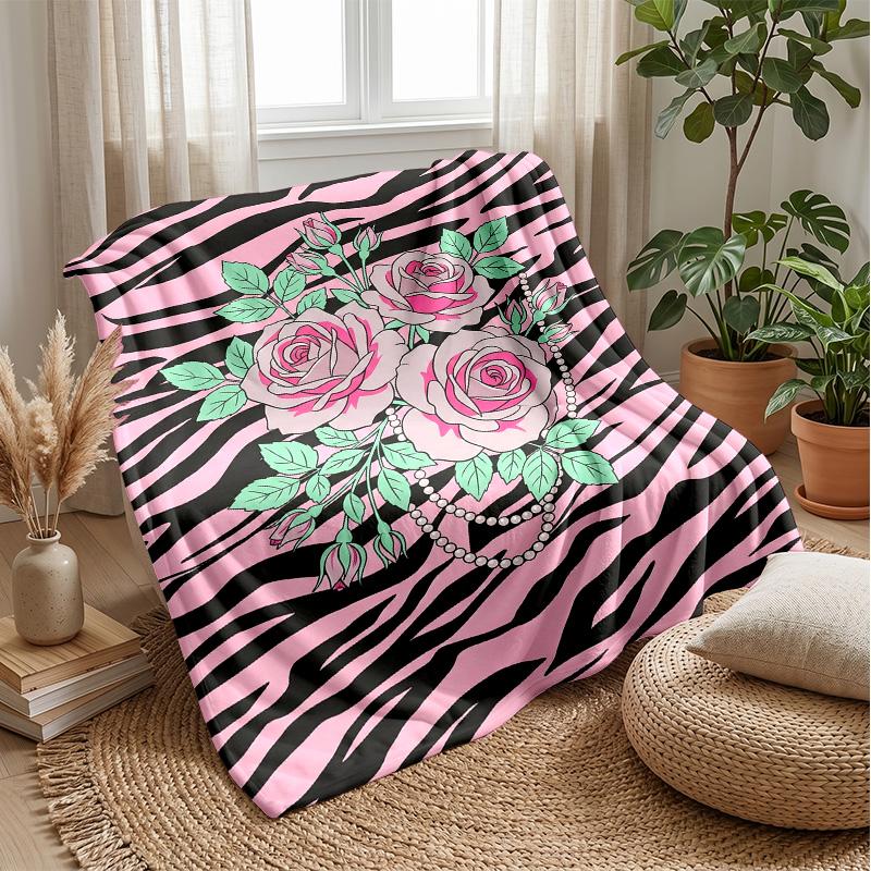 Pink Roses on Leopard Print 2 Theme blanket Lightweight Warm Flannel Blanket Decorative Throw Blanket for Home Decoration