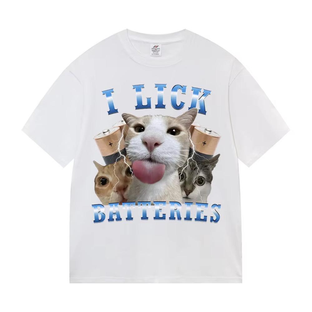 I Lick Batteries Funny Cat Meme Tshirt Mens Women Kawaii Cat Lover Gifts Tshirt Summer ONeck High Quality Male Cotton Tshirt
