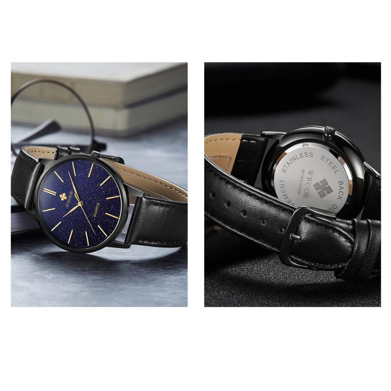 Мужские кварцевые часы WWOOR со звездным лицом, водонепроницаемые часы с кожаным ремешком