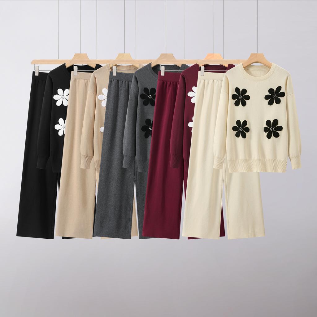 Fashion Casual Knitted Suit Pants Loose Sweater Wide Leg Pants Trousers Two-piece Daily Wear