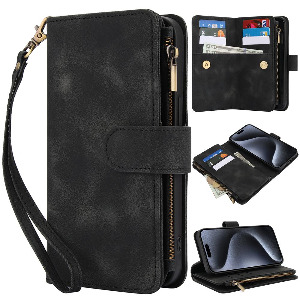 Wallet 9 Card Slots Flip Zipper Leather Case For iPhone 16 15 Plus 14 13 12 11 Pro Max XR X Samsung S24 S23 S22 S21 Ultra Plus FE A15 A55 A14 A34 A54