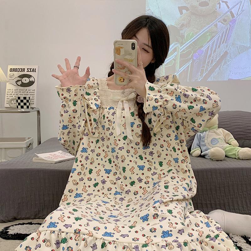 Plus Size Dress Maternity Spring and Summer Pajamas Pure Cotton Long-sleeved Pajamas Long Kawaii Floral Casual Simple Home Clothes