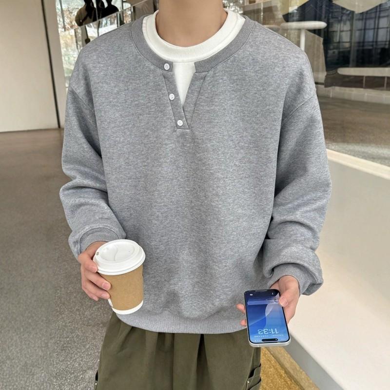 Mens 350g Heavyweight Gray Fake Two-Piece Round Neck Sweatshirt Casual Long Sleeve Top Teens