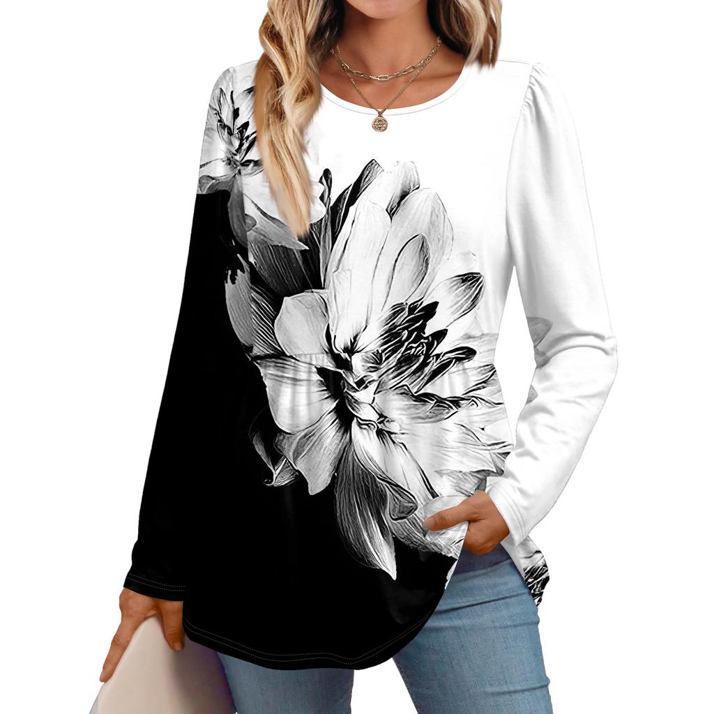 Women's Casual Fashion Long Sleeve Shirt Floral Printed Tunic Top