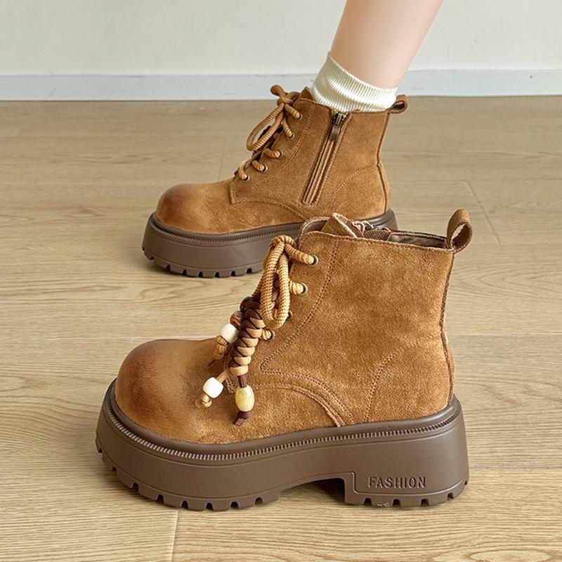 Vintage Chunky Platform Ankle Boots Women Autumn Winter Thick Sole Lace Up Boots Woman Anti Slip Zipper Short Booties Mujer