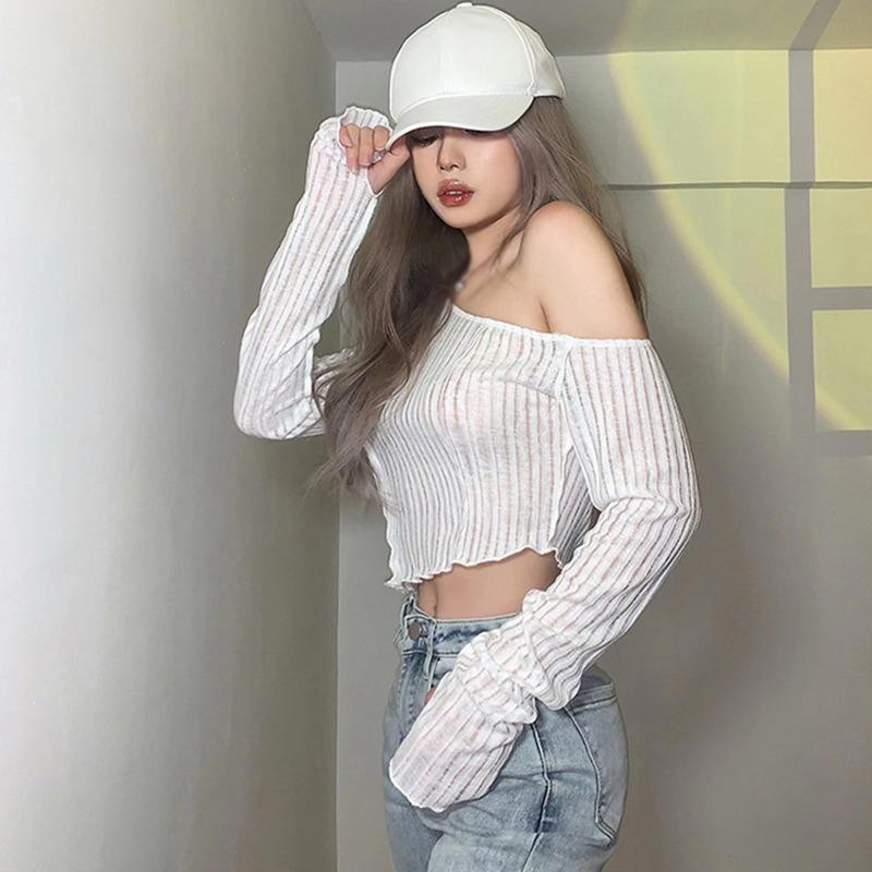 Плиссированная футболка на одно плечо для женщин, повседневная защита от солнца, уличная одежда с длинными рукавами