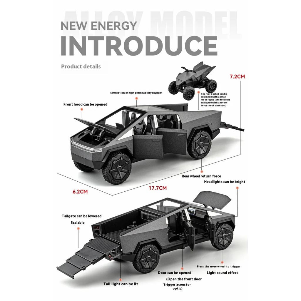 Масштаб 1/32 Пикап Tesla Cybertruck Прицеп RV Металлический сплав Игрушки Модель автомобиля Литой под давлением Внедорожник Подарок для мальчиков детей Коллекция Украшения для грузовика