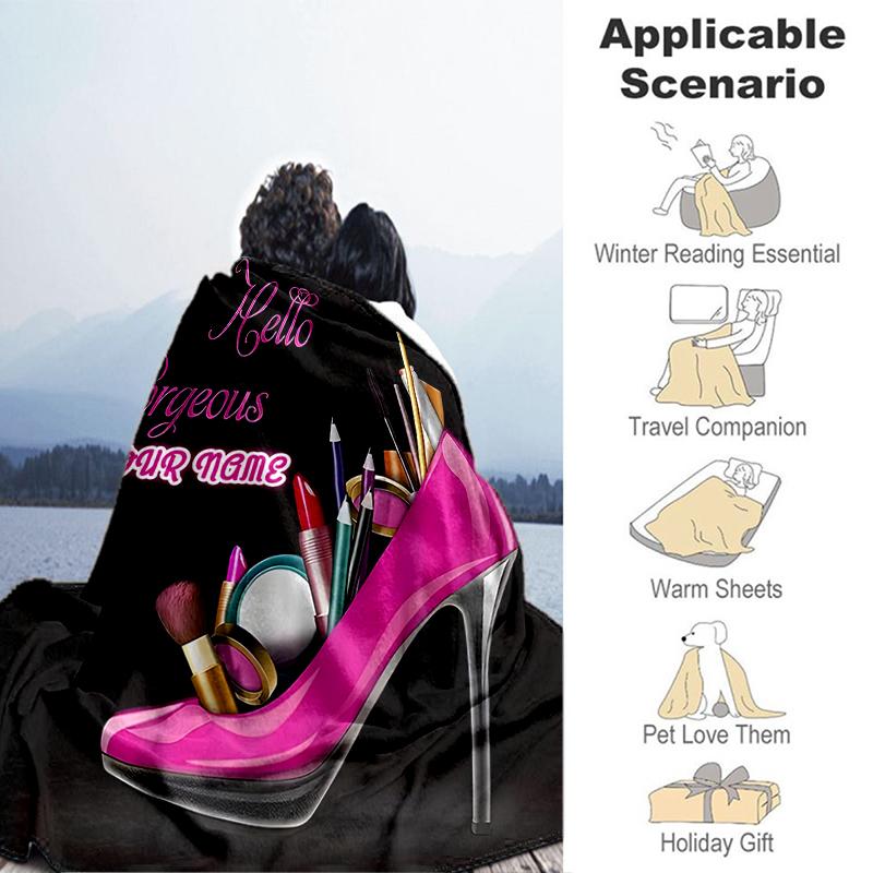 1PC Custom Name Glamorous Makeup Shoes outdooor Flannel blankets Throw Blanket All-Season Throw Gift Bedspread for Couch, Bed, Camping Holiday Birthda