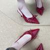 French Pointed Head, Light Mouth, Thin Heel, Bow, Empty Sandals for Women, Red High Heels for Women, New In Autumn and Winter 2025