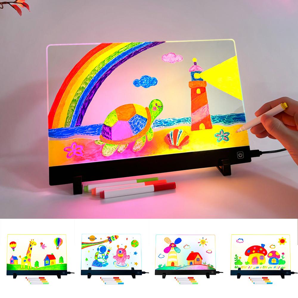 LED Drawing Board for Kids Gift, 20 x 30cm USB Powered Erasable Acrylic Illuminated Writing Tablet with Stand and Color Pencils