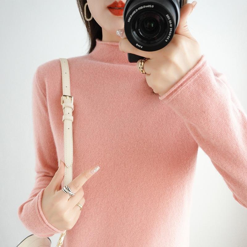 Осенне-зимний женский свитер из чистой шерсти, пуловер с полувысоким закругленным краем, свитер с длинными рукавами, тонкий трикотаж