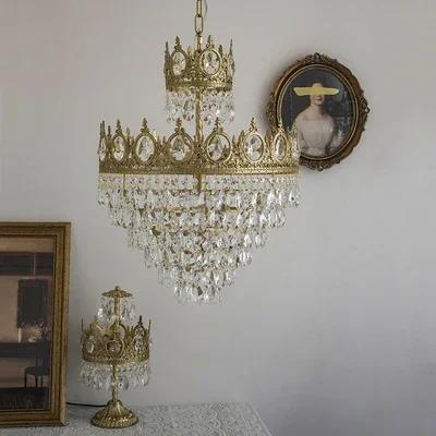 Винтажный Французский Американский Стиль Латунный Хрустальный Люстра Полностью Медная Корона Спальня Прикроватная Полка Веранда Гостиная Гардеробная Светодиодная Подвесная Лампа