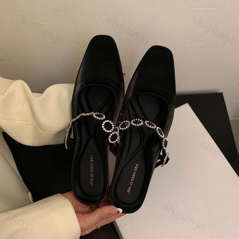 Модные женские балетки, тапочки, хрустальные мюли, дизайнерские сандалии 2025, новые туфли, квадратный носок, кожаные шлепанцы, летние слинги, пряжка де мухер