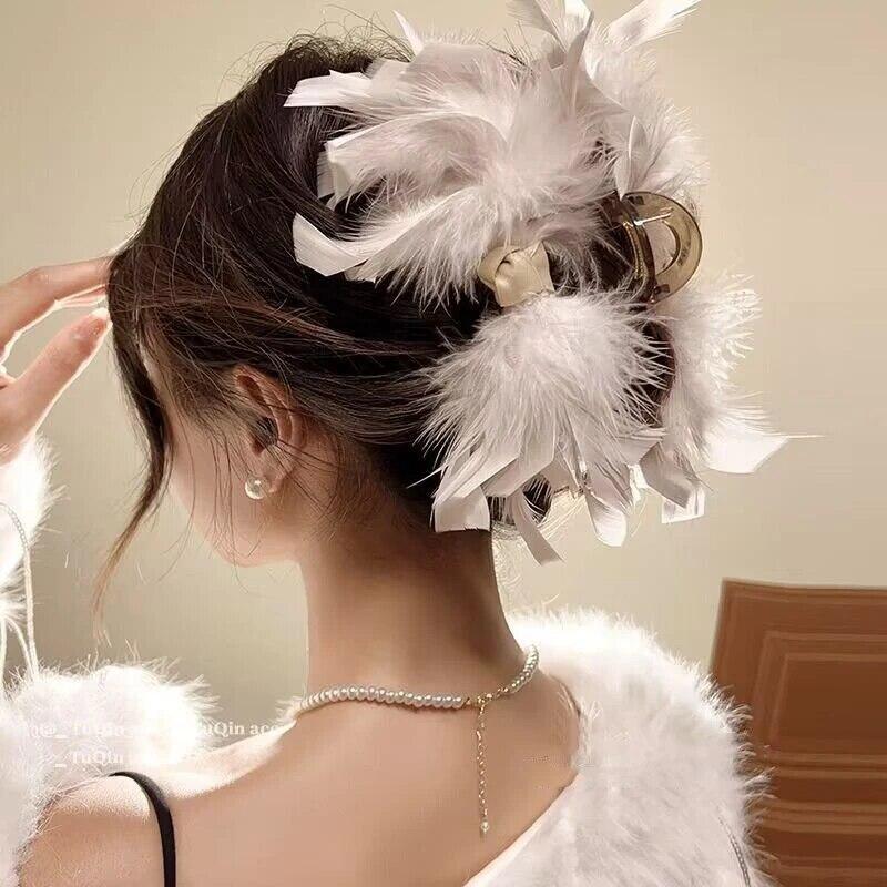 Элегантная застежка с перьями, новая мода, большие заколки для волос с когтями, заколки с заколками в виде акулы, заколки для девочек, французские аксессуары для волос