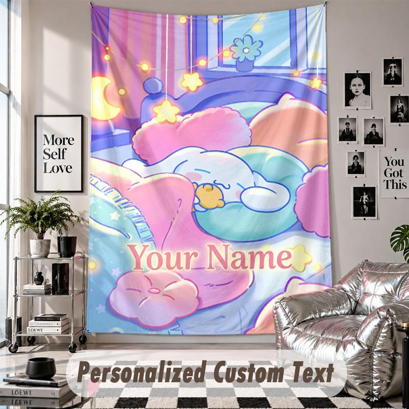 Custom Tapestry Wall Hanging, Cinnamoroll Personalized Name Text Home Wall Decor