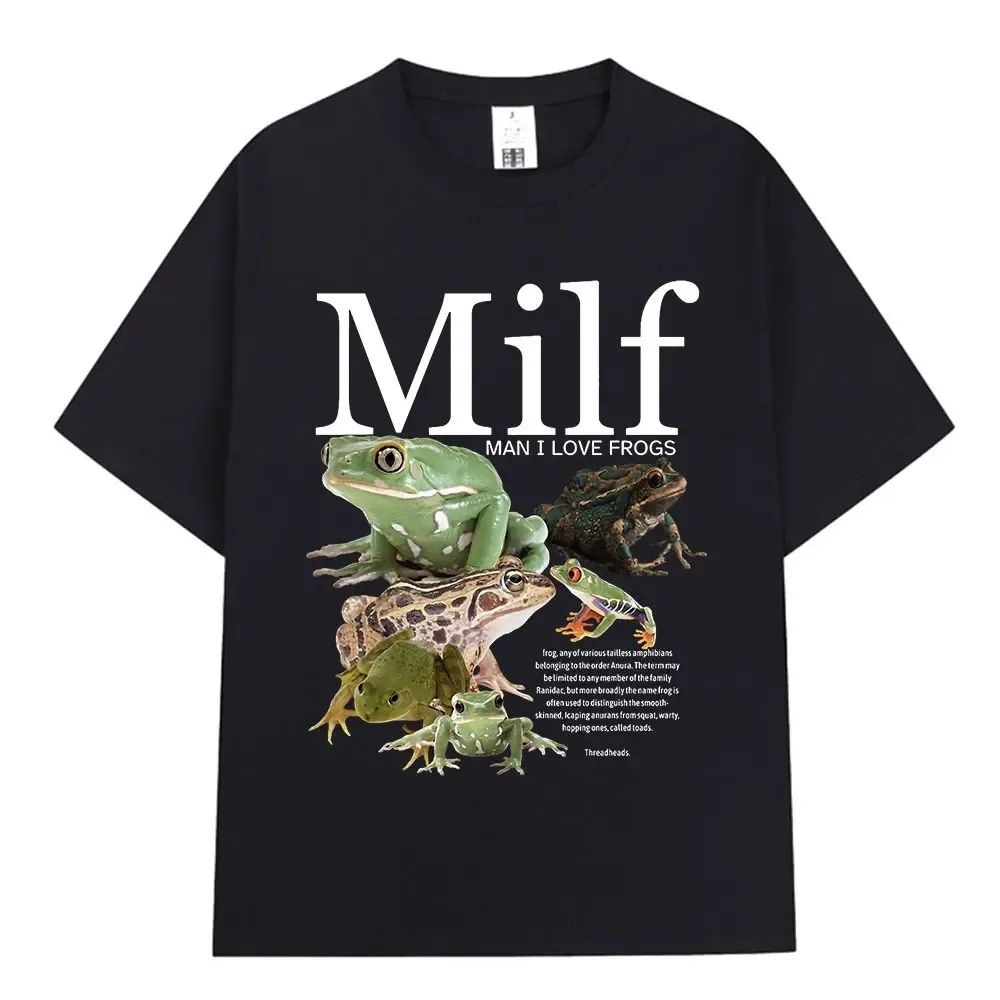 Смешная Милфа Унисекс Футболка с Принтом I Love Frogs Дизайн Зеленой Лягушки Юмористический Подарок Любителю Животных Повседневный Свободный Топ с Коротким Рукавом Унисекс
