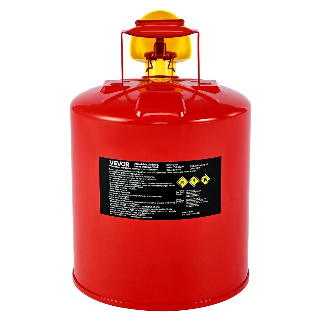 VEVOR Safety Gas Can, 19 L Type I Red Safety Can for Gasoline with Stainless Steel Flame Arrester, Self-Closing Lid, and PE Funnel