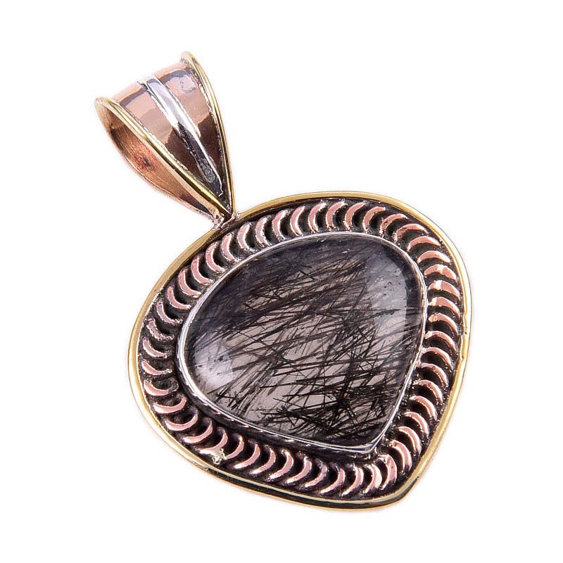 Natural Black Rutile 925 Solid Sterling Silver TwoTone Gift Pendant 1.50" w8Y18