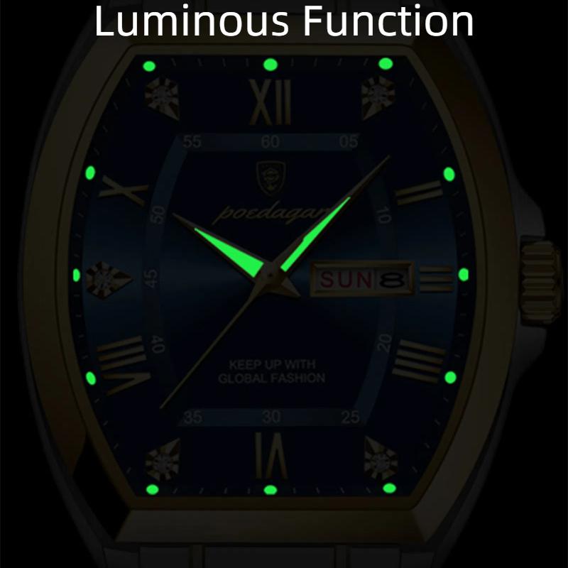 POEDAGAR Роскошные часы из нержавеющей стали для мужчин, светящиеся водонепроницаемые мужские часы с датой и неделей, корпус Tonneau, мужские кварцевые часы