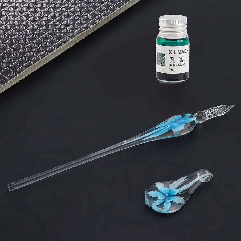 Retro Elegant Flower Glass Dip Pen Signature Ink Fountain Pen with Ink Penholder Pink