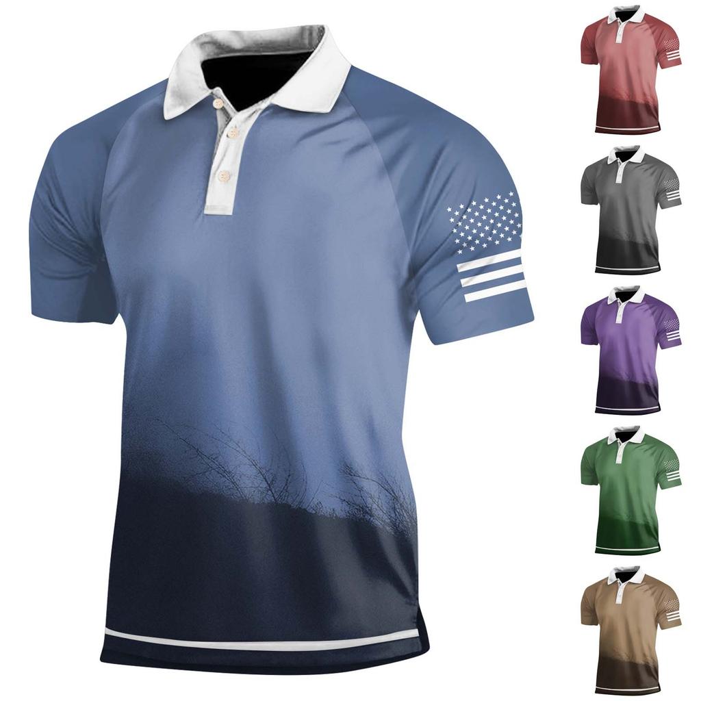 Men's Three Button Printed Lapel Short Sleeve Shirt Top