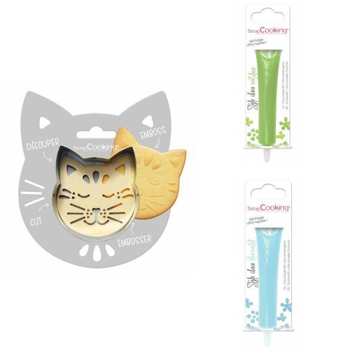 Cat Embossed Cookie Kit + 2 Light Green and Pastel Blue Chocolate Pens