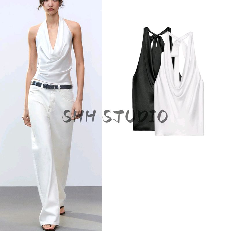 Spring and Summer New Women's Clothing Bowknot Decoration Draped Fashion Hanging Collar Silk Satin Texture Tops 2892650