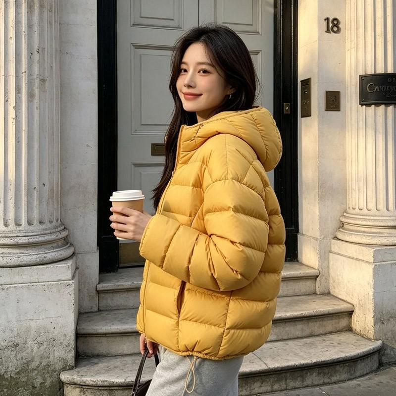 Womens Short Puffer Jacket With Hood Duck Down Fill Loose Fit Warm Winter Coat Daily Commute