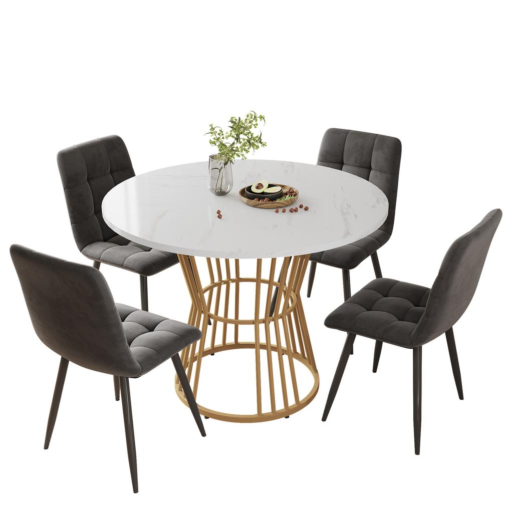Dining table set (5-piece), round dining table with 100 cm diameter and golden metal legs, white MDF tabletop, dining chairs made of dark grey velvet